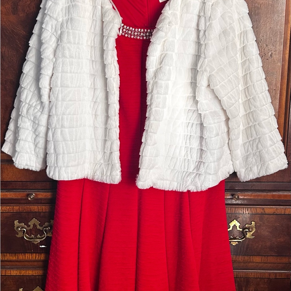 Studio One White Teddy Jacket and sleeveless red Aline dress.